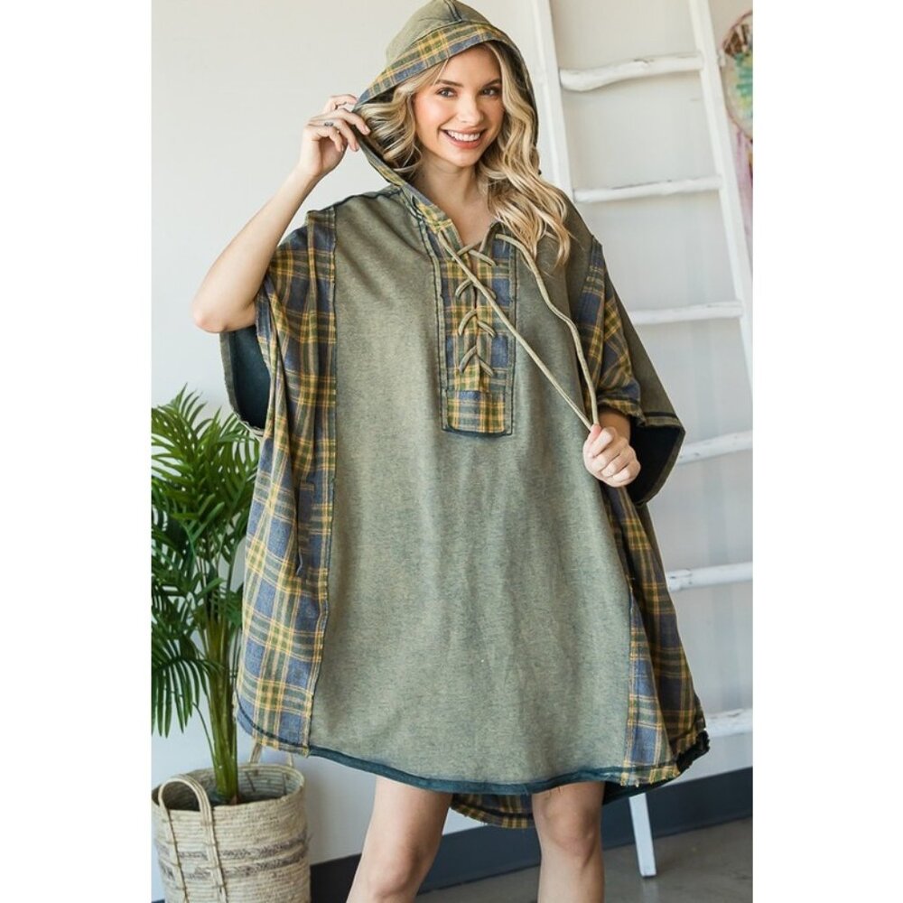 022 Oli & HalI Washed Plaid Hooded Oversized Tunic Top NEW Army Combo One Size